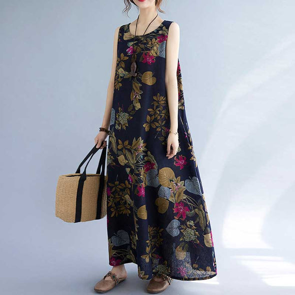 ボタニカルワンピース【Ⅿ~5XL】エスニック風　花柄　おしゃれロングワンピース　ロングワンピース