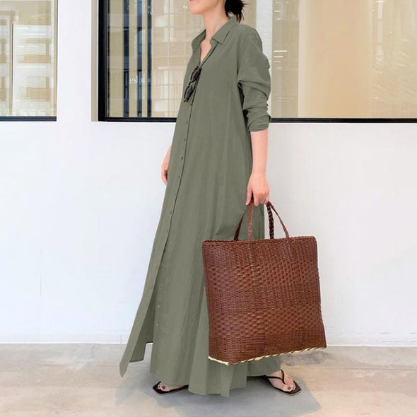大人カジュアル　おしゃれロングシャツワンピース　ロングワンピース　マキシシャツワンピース