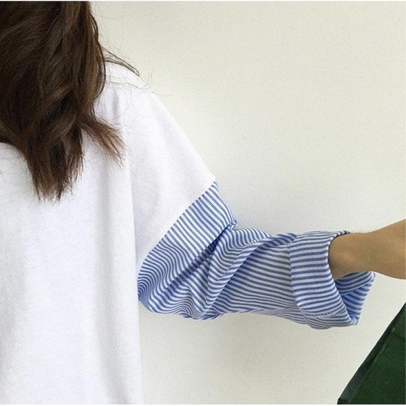 ロングTシャツ　ゆるシルエット　おしゃれTシャツ　ストライプ柄　春Tシャツトレーナー