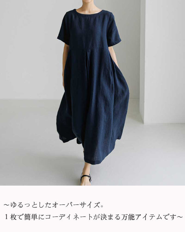 大人ワンピース　綿麻　夏ワンピース　タック入り　ロングワンピース