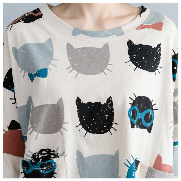 動物柄　森ガール　ゆったり　楽ちん　スリット　大きいサイズ　切替　半袖Tシャツ　ブラウス