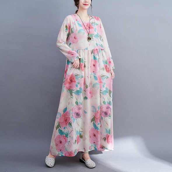 エスニック風　森ガール　花柄　おしゃれ　ロング　秋　大人長袖　マキシワンピース