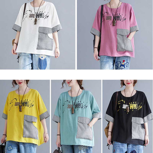 韓国ファッション　多色展開　フロントポケット付き　プリント　おしゃれTシャツ