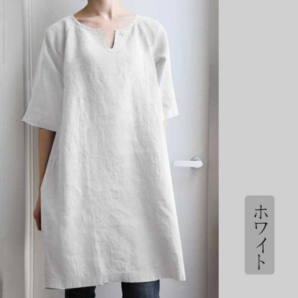 おしゃれTシャツ　レディースtシャツ綿麻生地　シンプル無地　スリットネック　ロング丈Tシャツ　チュニック　
