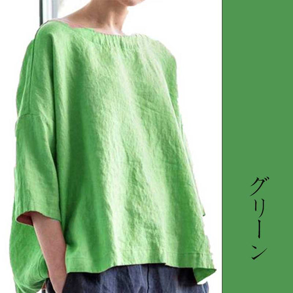 大人Tシャツ　レディースTシャツ　7分袖　綿麻　大きいサイズトップス　無地　ゆったり　春夏秋