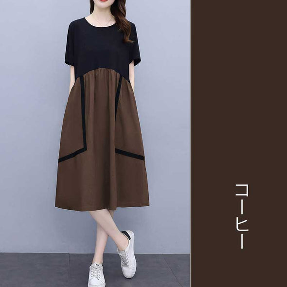 【M~4XL】切替　Aライン　おしゃれワンピース　半袖　夏ワンピース