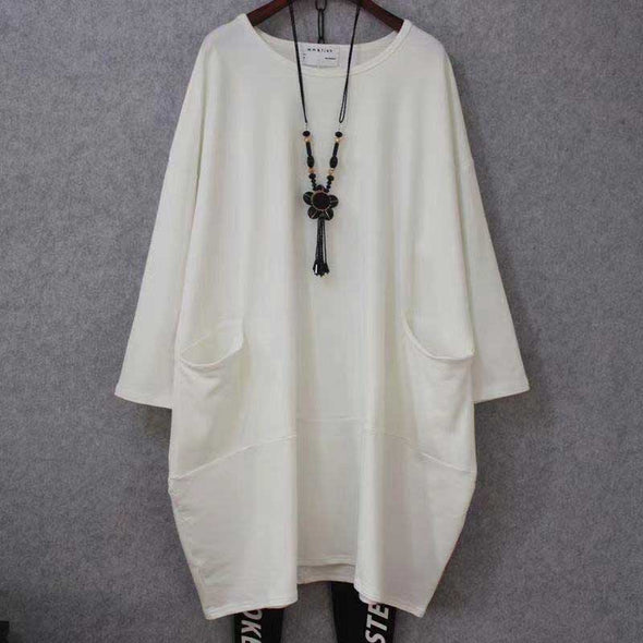 ロングTシャツ　レディースTシャツ　ロング丈　チュニック　ポケット付き　無地　ゆったり