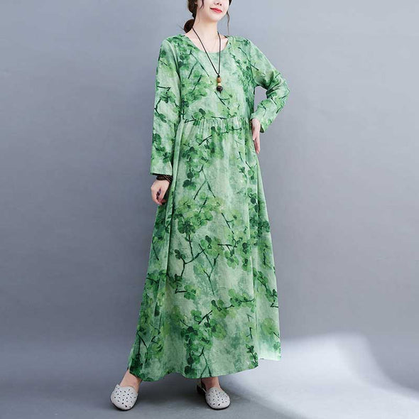 大人ファッション　エスニック風　ロング丈　秋　長袖　マキシワンピース